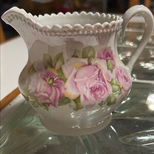 Vintage pearlized Floral Porcelain Creamer with Pink Roses b